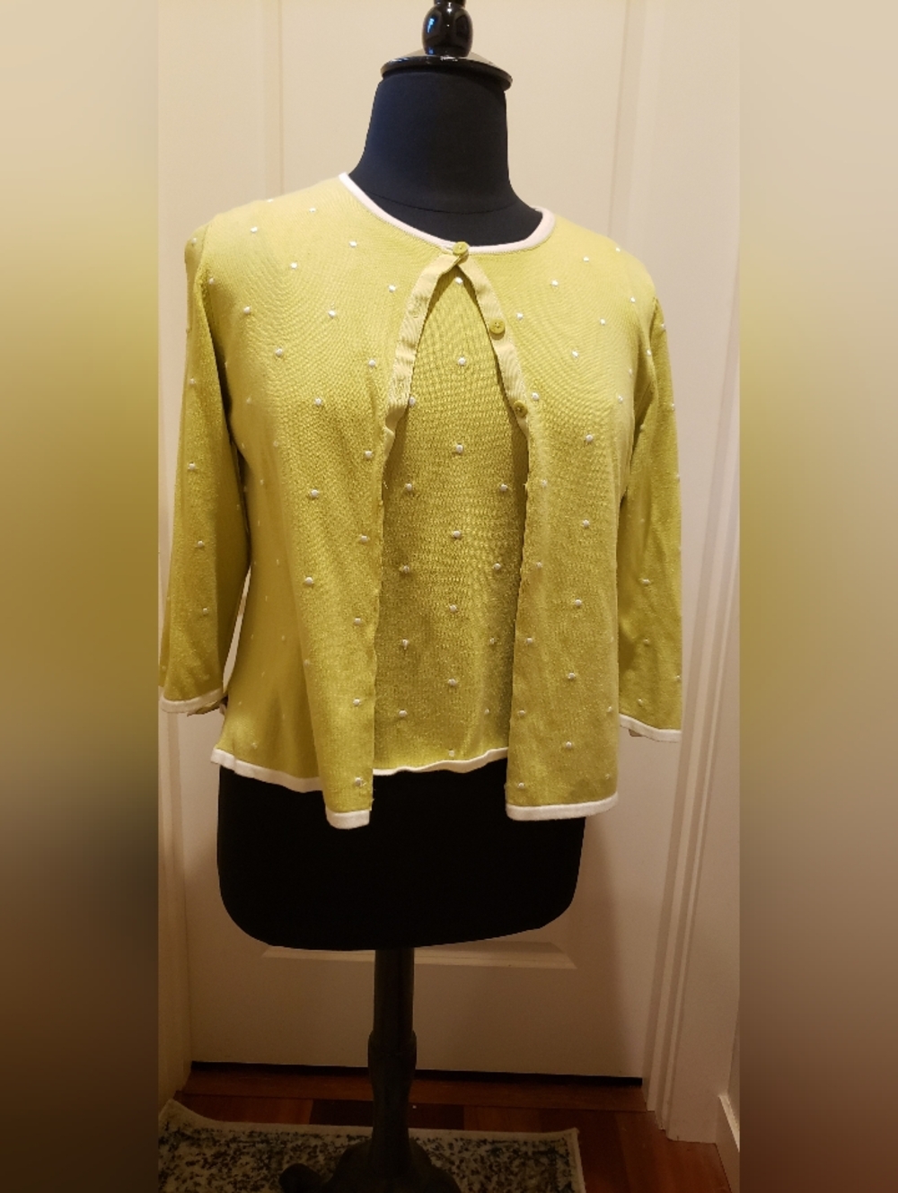 Ruby Rd. Lime Green With White Dots Cropped Cartigan And Shell Twin Set